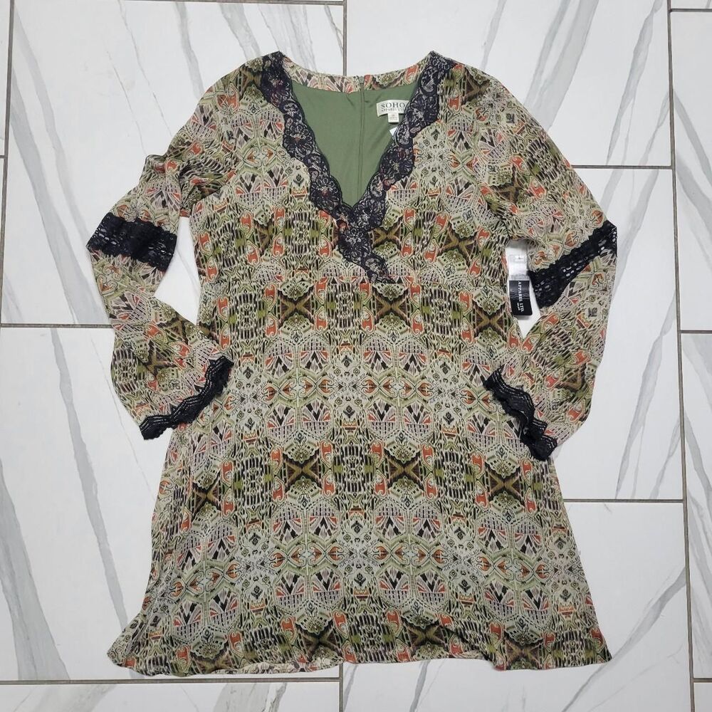 Plus Size Olive Paisley Boho Mini Dress Lace Trim Bell Sleeve 16